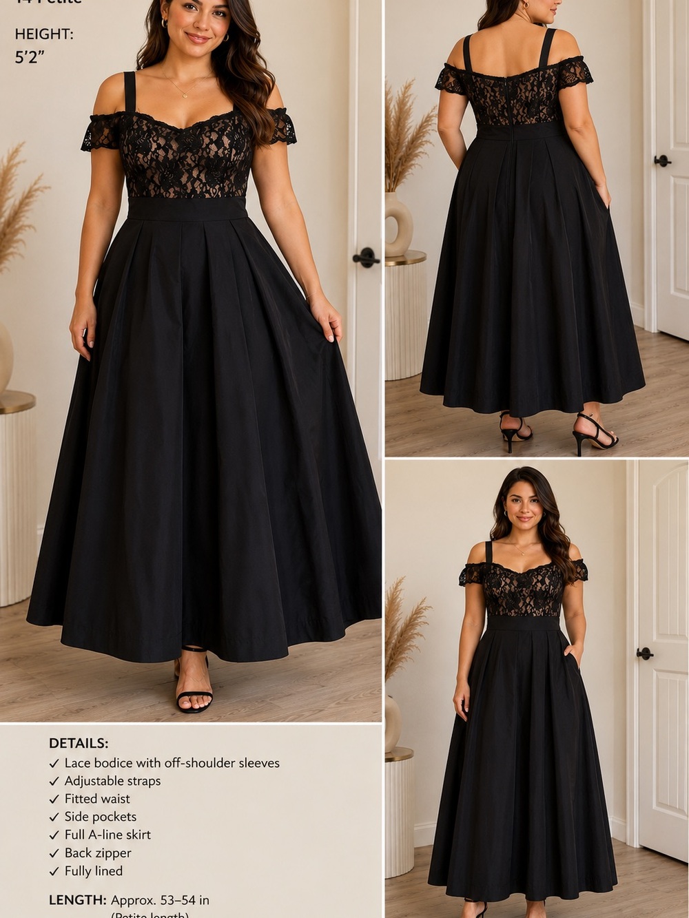 R&M Richards Black Lace Bodice Off-Shoulder Maxi Dress